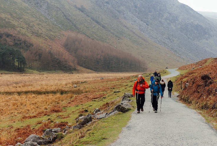 Un groupe fait de la marche nordique en montagne